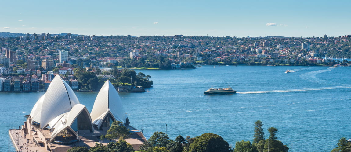 Aerial perspective of Sydney Opera House and harbor, fitting for luxury travel services.