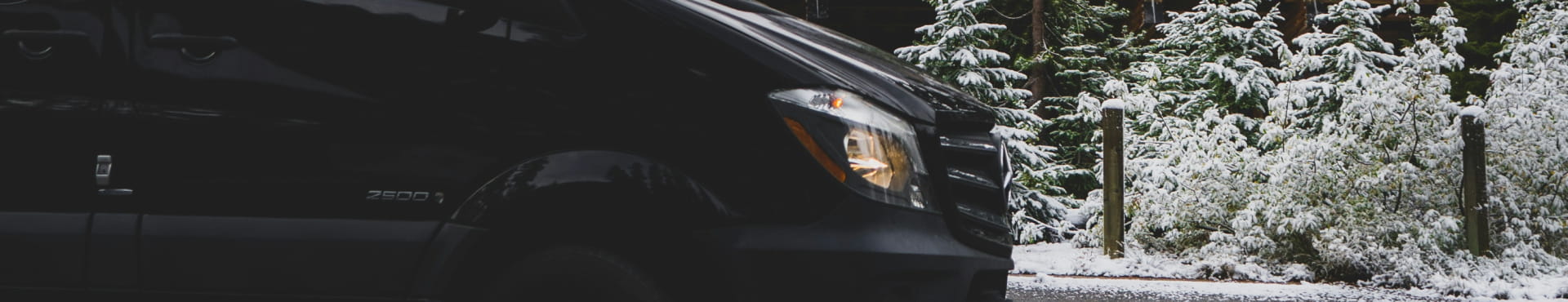 Side view of a premium van with a snowy forest in the background.