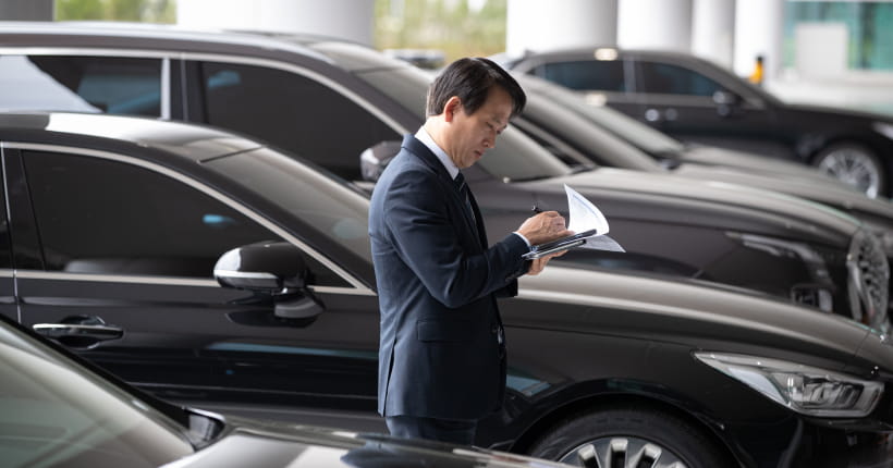 Black luxury sedans parked in a row, with a professional chauffeur checking documents.