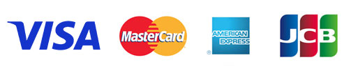 Logos of Visa, MasterCard, American Express, and JCB credit cards.